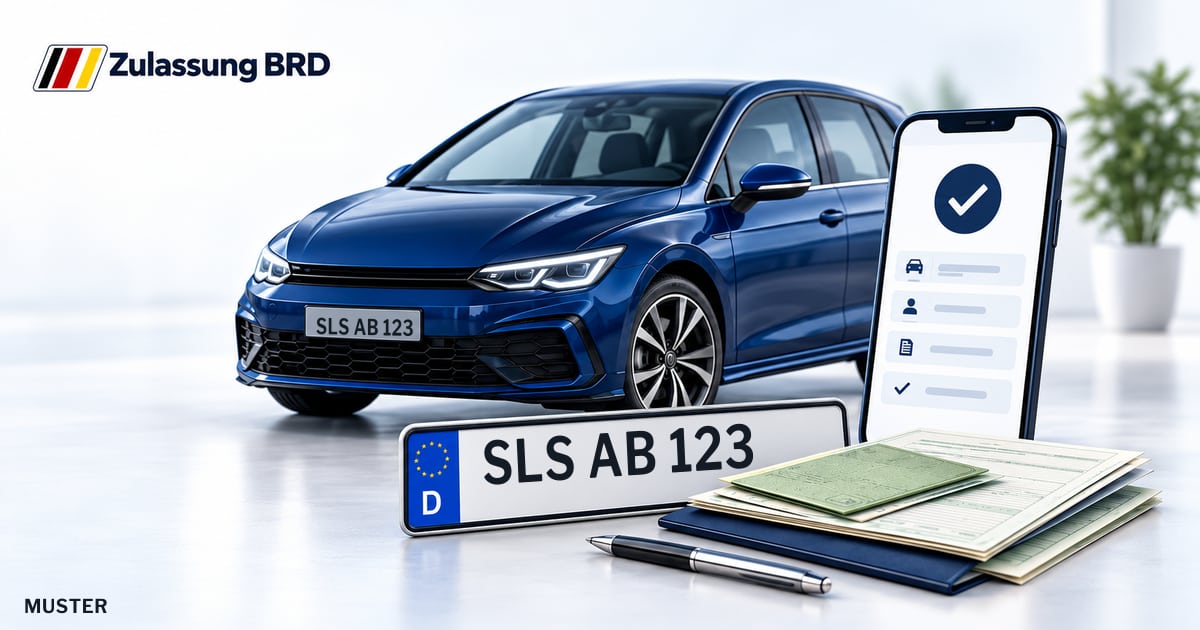 Online Fahrzeugzulassung in Schwalbach: Musterkennzeichen SLS AB 123, Auto und Fahrzeugpapiere und Smartphone. Illustration mit Logo von Zulassung BRD.